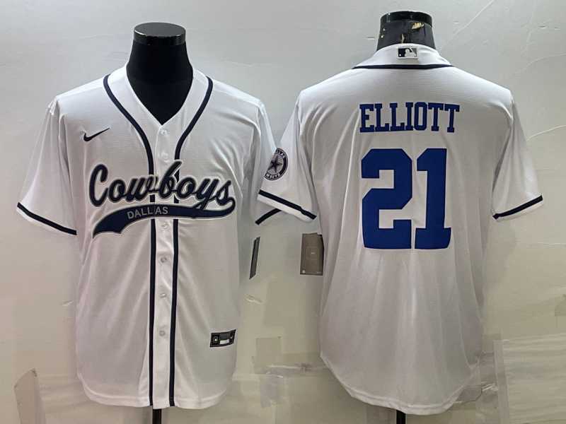 Mens Dallas Cowboys #21 Ezekiel Elliott White With Patch Cool Base Stitched Baseball Jersey